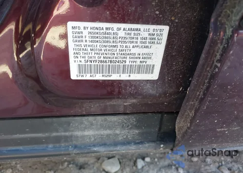 2007 Honda Pilot Ex-L from USA, damaged, VIN 5FNYF28667B024529